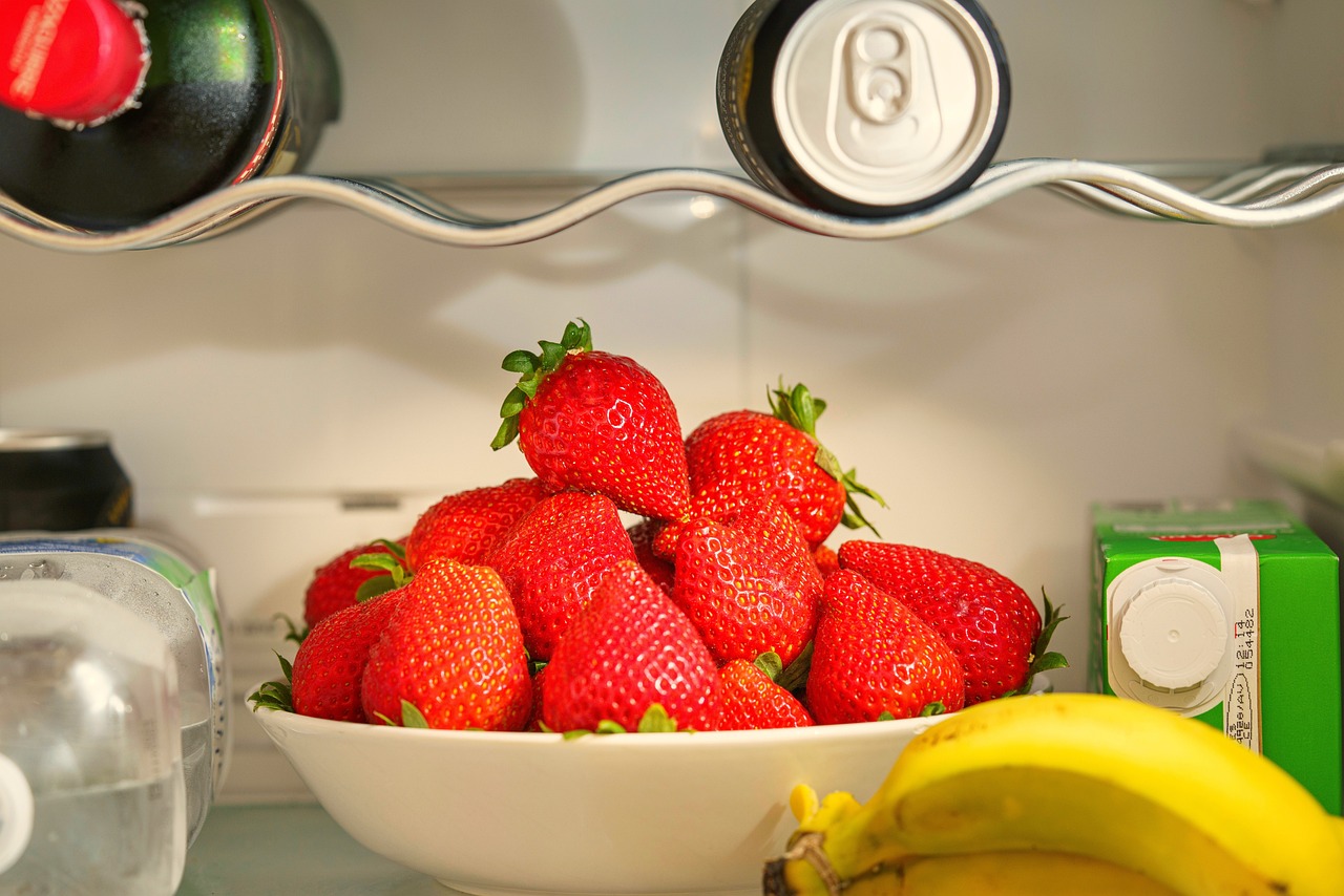 fridge, strawberries, fruits