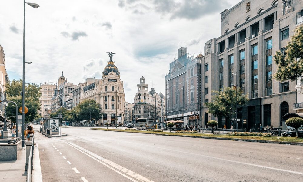 madrid, city, road, sky, nature, clouds, building, urban, capital, street, cars
