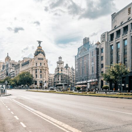 madrid, city, road, sky, nature, clouds, building, urban, capital, street, cars
